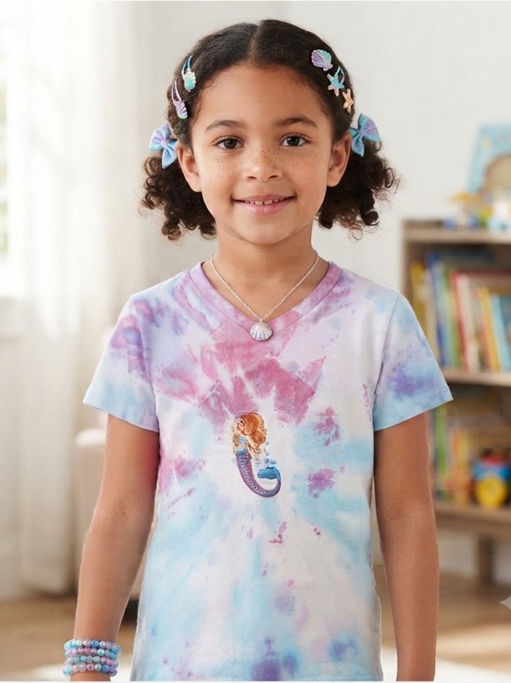 Hand Embroidered Mermaid Girls Custom Toe Dye t-shirt